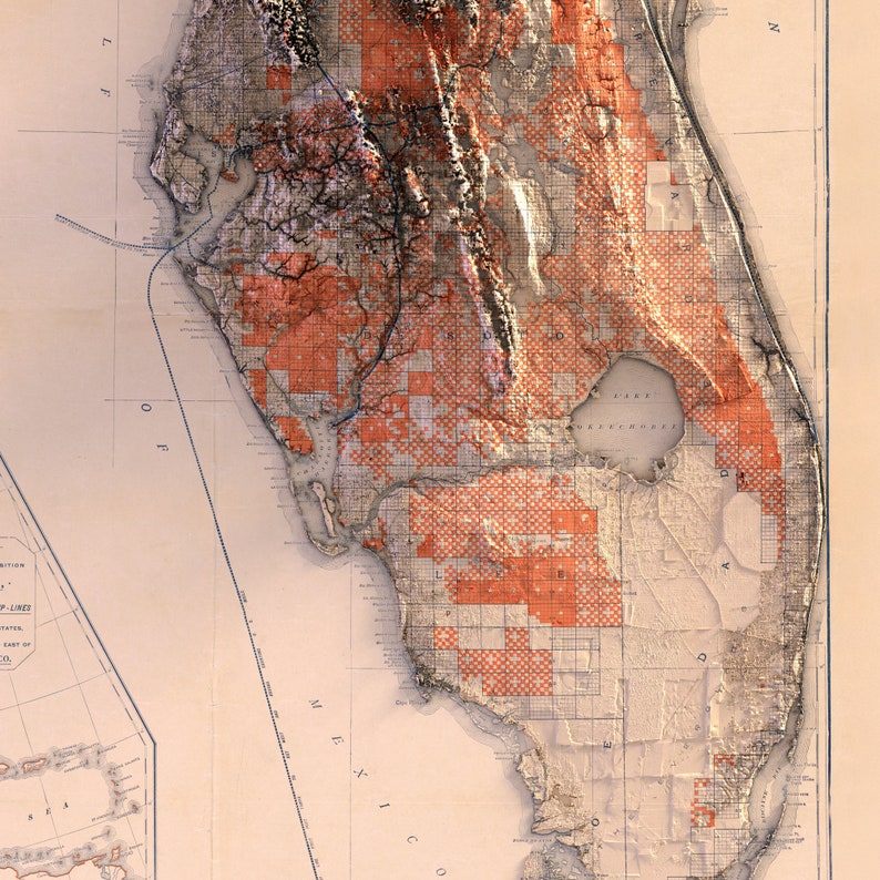 May include: An antique map of Florida with a grid pattern overlaying the state. The map is printed on cream-colored paper and shows the coastline, rivers, and lakes. The grid pattern is in shades of orange and red.