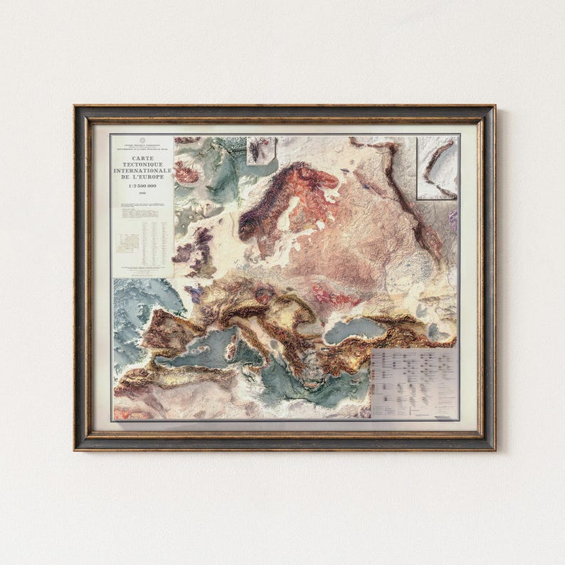 Europe Tectonic Map Art Print: Vintage Wall Decor image 1