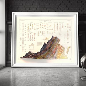 May include: A vintage geological map of Virginia, showing the state's geological formations in a colorful, 3D relief style. The map is framed in a white frame and is displayed on a gray floor.