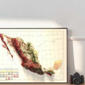May include: A vintage-style relief map of Mexico, showing the country's topography with different colors representing different elevations. The map is framed in black and has a grid pattern.