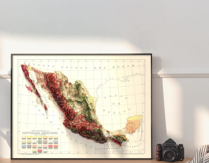 May include: A vintage-style relief map of Mexico, showing the country's topography with different colors representing different elevations. The map is framed in black and has a grid pattern.