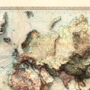 以下が含まれることがあります： ヨーロッパとその周辺地域の詳細なヴィンテージスタイルの地図。 地図は、山や地形を強調するレリーフ効果を備えています。 カラーパレットには、ベージュ、茶色、緑の色合いが含まれており、国や海岸線の複雑な詳細が示されています。