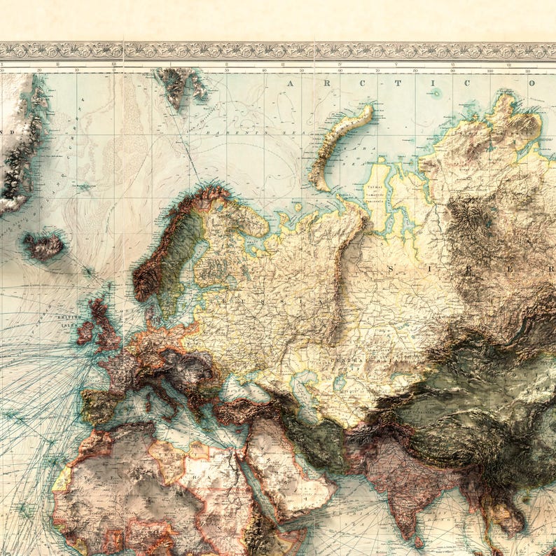 以下が含まれることがあります： ヨーロッパとその周辺地域の詳細なヴィンテージスタイルの地図。 地図は、山や地形を強調するレリーフ効果を備えています。 カラーパレットには、ベージュ、茶色、緑の色合いが含まれており、国や海岸線の複雑な詳細が示されています。
