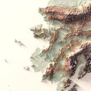 May include: A 3D rendered topographic map of a coastal region, featuring shades of beige, brown, and gray. The map highlights mountainous terrain and coastal features, with shadows adding depth and dimension to the landscape.
