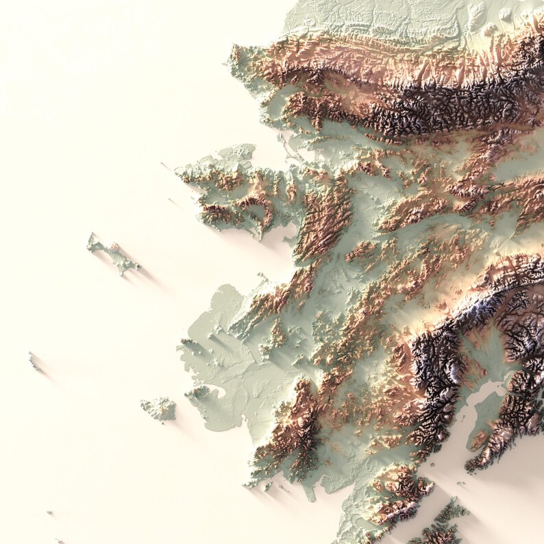 May include: A 3D rendered topographic map of a coastal region, featuring shades of beige, brown, and gray. The map highlights mountainous terrain and coastal features, with shadows adding depth and dimension to the landscape.