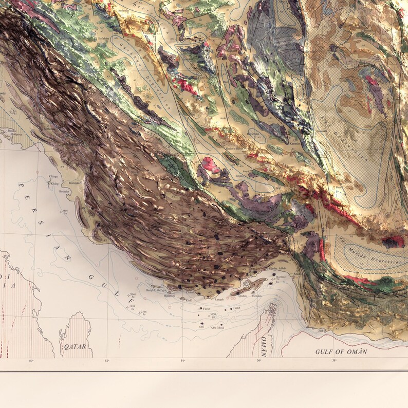 May include: A detailed map of the Persian Gulf region, showing the coastline of Oman, Qatar, and the United Arab Emirates. The map features a variety of colours and lines to represent different geological features, including mountains, valleys, and water bodies. The map also includes text labels for various locations, such as the Gulf of Oman, the Strait of Hormuz, and the Musandam Peninsula.