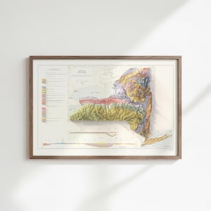 Op de afbeelding: Een ingelijste 3D topografische kaart van de staat New York, met het gevarieerde terrein van de staat met gedetailleerde hoogtegegevens. De kaart heeft een palet van groen, geel en bruin, met een houten frame. De kaart bevat geologische informatie.