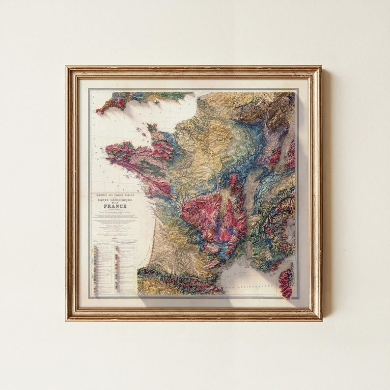 Geological Map of France: Topographic Elevation Art Print image 7