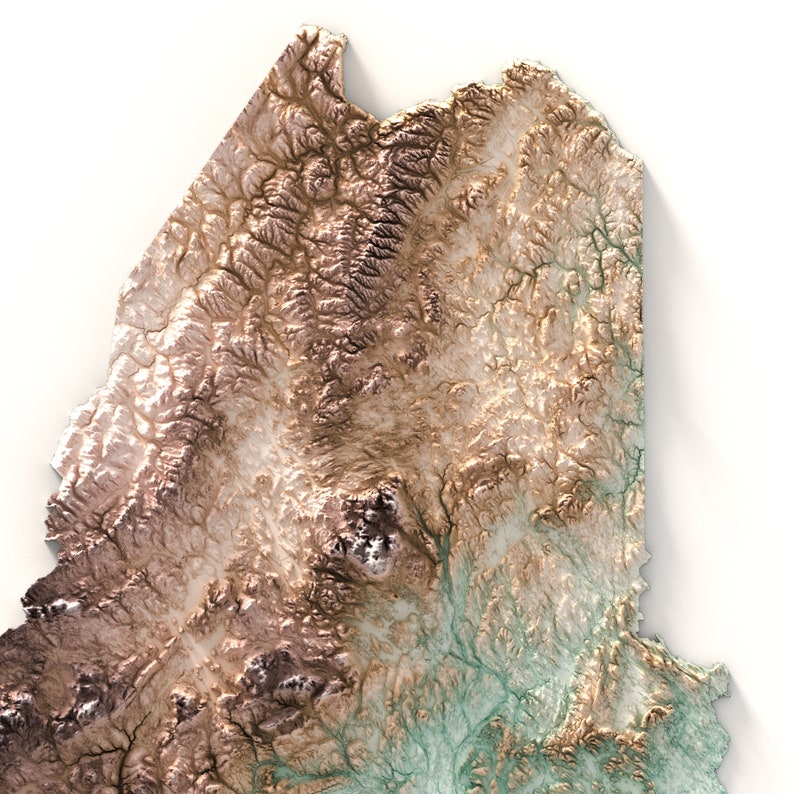 May include: A 3D topographic map of a mountainous region. The map is rendered in shades of brown, green, and white, with the highest elevations shown in white. The map is tilted at an angle, giving the impression of depth and perspective.