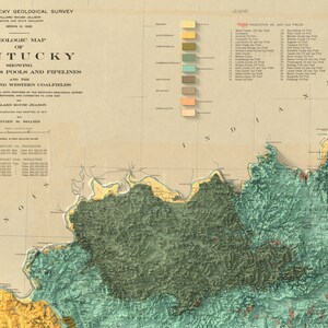 May include: A vintage map of Kentucky showing oil and gas fields, pipelines, and coalfields. The map is color-coded by geological period, with a legend listing the different fields and their locations. The map is dated 1920 and was prepared by the Kentucky Geological Survey.
