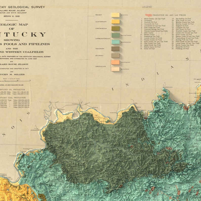 May include: A vintage map of Kentucky showing oil and gas fields, pipelines, and coalfields. The map is color-coded by geological period, with a legend listing the different fields and their locations. The map is dated 1920 and was prepared by the Kentucky Geological Survey.
