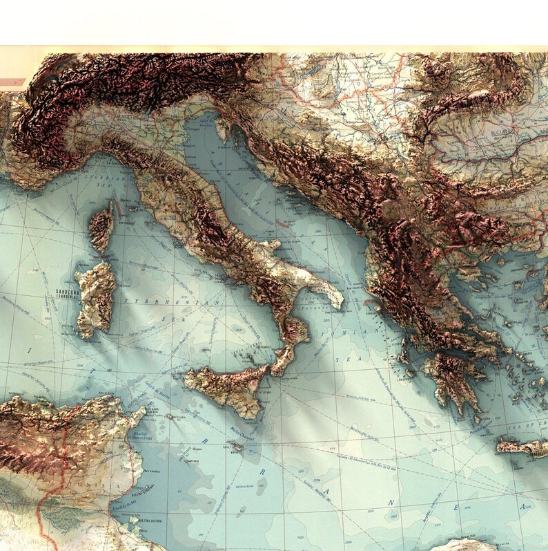 May include: A vintage-style map of the Mediterranean Sea, showing the coastlines of Italy, Greece, and the surrounding islands. The map is drawn in a detailed, topographic style, with brown and green hues representing landmasses and blue hues representing water. The map is overlaid with a grid of lines, likely representing latitude and longitude.