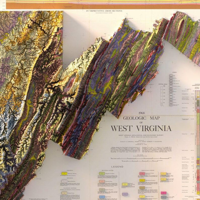 Geologisk karta över West Virginia från 1968: Vintage topografiskt relieftryck bild 8