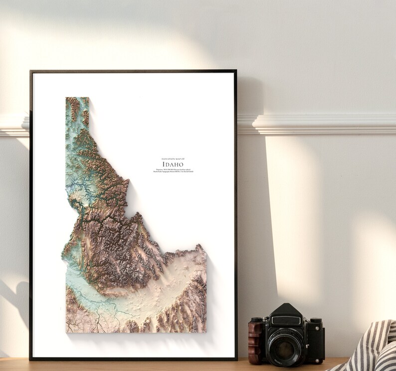 May include: A framed topographic map of Idaho with a white background and a brown, beige, and blue color scheme. The map shows the state's elevation and terrain.