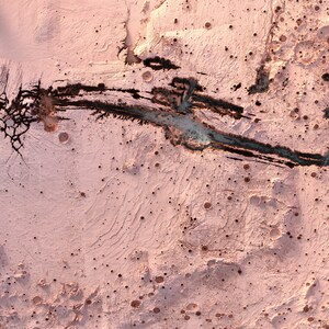 May include: An aerial view of a dry, cracked, pink landscape with a dark brown riverbed winding through it. The landscape is dotted with small, round craters.