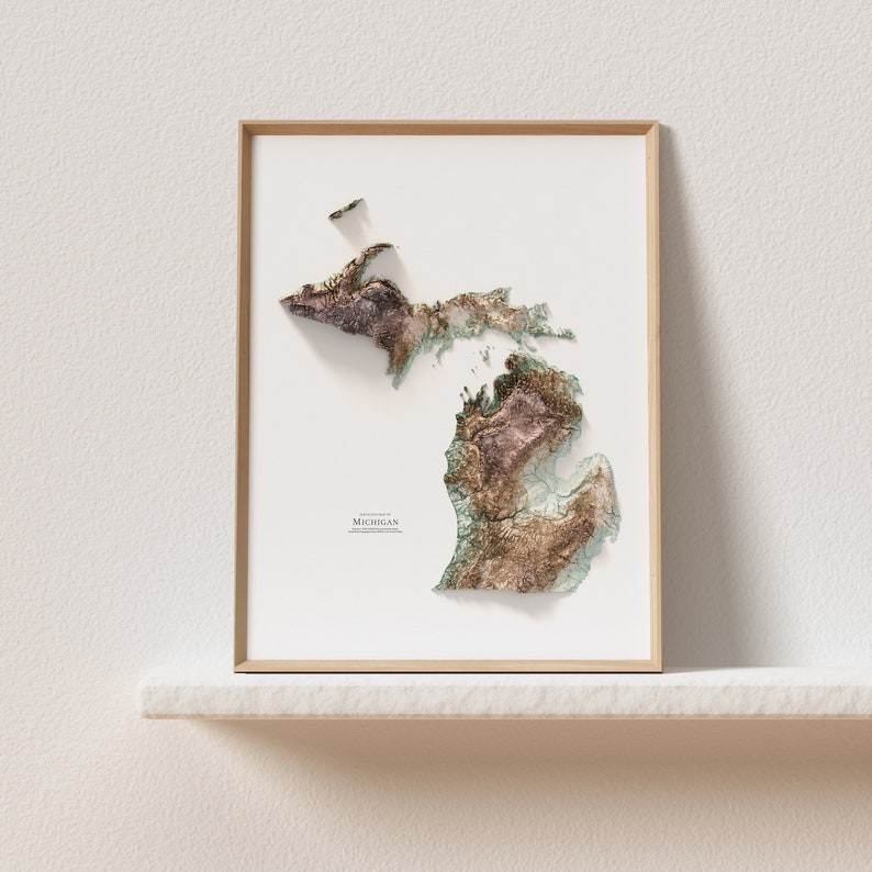 May include: A framed print of a topographic map of Michigan. The map is in shades of brown, green, and white, and shows the state's terrain in detail. The print is framed in a light wood frame.