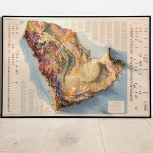 May include: A vintage-style topographic map of the Arabian Peninsula, showing the geological formations and elevation changes in a 3D effect. The map is printed in muted colours and includes a key with different coloured symbols representing various geological features.