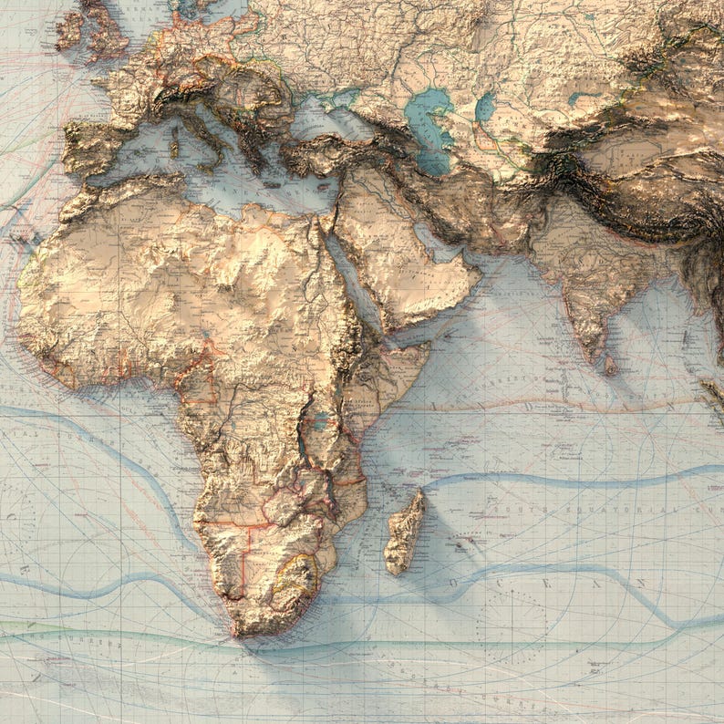 May include: A detailed relief map showing Africa, the Middle East, and parts of Europe and Asia. The landmasses feature a textured, three-dimensional appearance with tan and brown tones, while the oceans are depicted in light blue with grid lines.