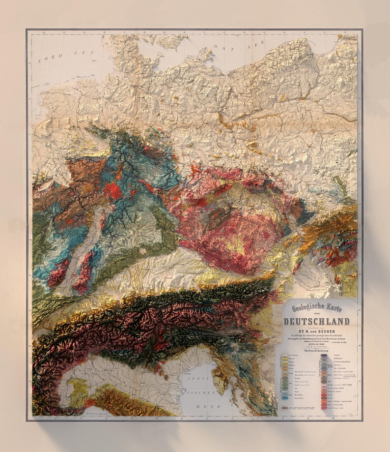 K&ouml;nnte beinhalten: Eine alte geologische Karte von Deutschland mit dem Titel "Geologische Karte von Deutschland" und einer farbcodierten Legende, die verschiedene Gesteinsformationen und geologische Perioden zeigt.