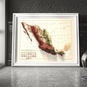 May include: A vintage map of Mexico with a relief map style showing the topography of the country. The map is in a white frame and has a color key at the bottom.