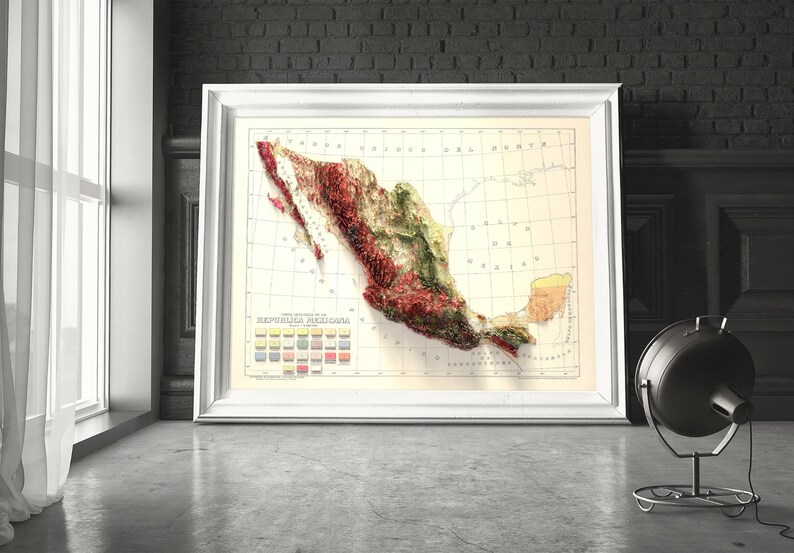May include: A vintage map of Mexico with a relief map style showing the topography of the country. The map is in a white frame and has a color key at the bottom.