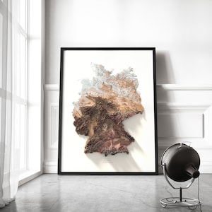 May include: A framed print of a topographic map of Germany. The map is in shades of brown, beige, and white, with a shadow cast below. The word "Germany" is printed in black at the bottom of the map.