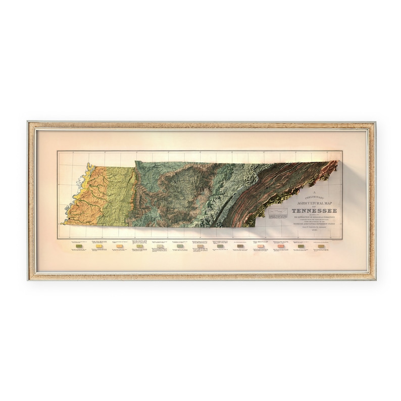 May include: A vintage, illustrated map of Tennessee, showing the state's agricultural regions in different colors. The map is framed in a light wood frame. The text "A PRELIMINARY AGRICULTURAL MAP OF TENNESSEE" is printed at the bottom right corner of the map.