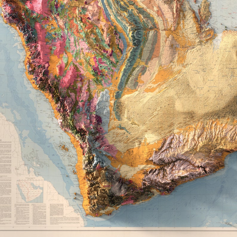 May include: A detailed geological map of a region, featuring a range of colours and textures representing different rock formations. The map depicts a coastline with a body of water and a mountainous area.