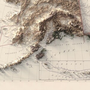 May include: A detailed relief map of Alaska, showcasing the state's mountainous terrain and surrounding waters. The map features a vintage aesthetic with shaded relief, highlighting the elevation changes. The text includes geographical features and labels.