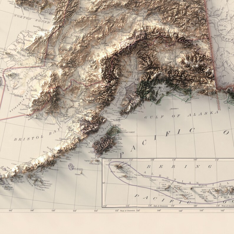 May include: A detailed relief map of Alaska, showcasing the state's mountainous terrain and surrounding waters. The map features a vintage aesthetic with shaded relief, highlighting the elevation changes. The text includes geographical features and labels.