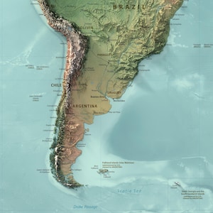 May include: A detailed physical map of South America featuring a relief-shaded topography that highlights the Andes mountain range. The map displays national borders, major cities, and bodies of water including the Scotia Sea and Drake Passage.