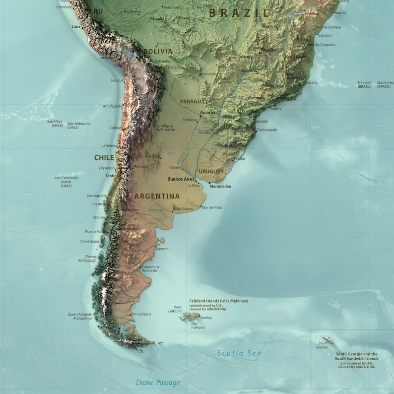 May include: A detailed physical map of South America featuring a relief-shaded topography that highlights the Andes mountain range. The map displays national borders, major cities, and bodies of water including the Scotia Sea and Drake Passage.