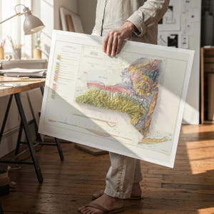 Op de afbeelding: Een ingelijste topografische kaart van de staat New York, met een 3D-reli&euml;feffect. De kaart toont verschillende kleuren die verschillende hoogtes en geologische kenmerken aangeven. De kaart wordt vastgehouden door een persoon in een goed verlichte kamer.