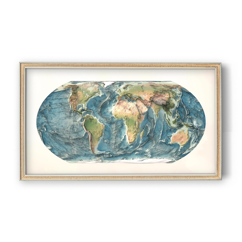 May include: A framed world map with a 3D effect, showing the continents in shades of green and brown, and the oceans in shades of blue.