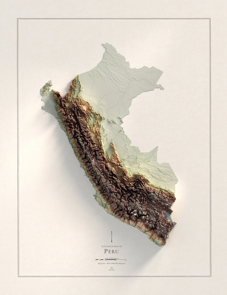 Pode incluir: Um mapa de eleva&ccedil;&atilde;o do Peru que mostra a topografia do pa&iacute;s com diferentes tons de verde, marrom e bege para representar a eleva&ccedil;&atilde;o. O mapa &eacute; intitulado "Mapa de eleva&ccedil;&atilde;o do Peru" e inclui uma escala em quil&ocirc;metros.