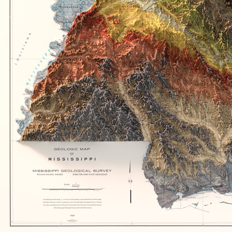 K&ouml;nnte beinhalten: Eine Vintage-geologische Karte von Mississippi, die eine detaillierte farbige Darstellung der geologischen Formationen des Staates zeigt. Die Karte tr&auml;gt den Titel "Geologic Map of Mississippi" und enth&auml;lt den Text "Mississippi Geological Survey" und "William Haisiel Moore, Director and State Geologist".