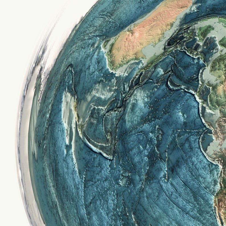May include: A detailed, three-dimensional rendering of a portion of Earth, showcasing the ocean floor and landmasses. The image features shades of blue and green, with intricate textures representing underwater topography and continental formations.