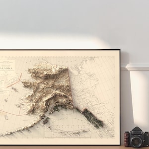 1942 Alaska vintage map art – blending cartography with modern 3D topography for history and geography lovers