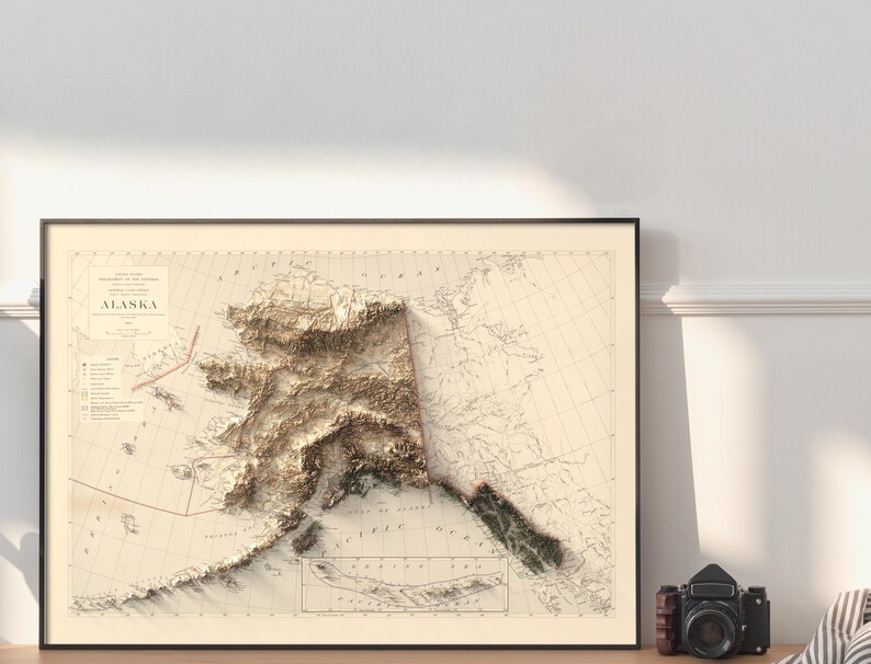 1942 Alaska vintage map art – blending cartography with modern 3D topography for history and geography lovers