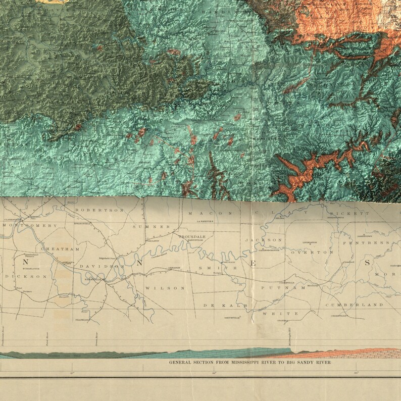May include: A vintage map of Tennessee, showing the state's counties and rivers. The map is in a light brown color with black lines and text. The map is titled "General Section from Mississippi River to Big Sandy River".