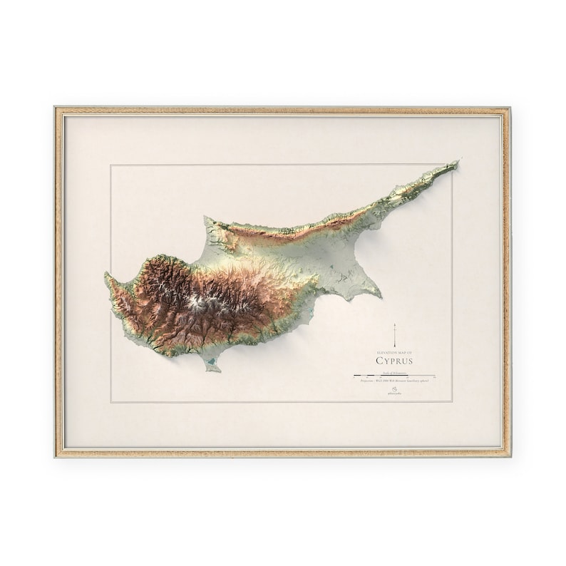May include: A framed elevation map of Cyprus with a colour gradient showing the different elevations of the island. The map is titled "Elevation Map of Cyprus".