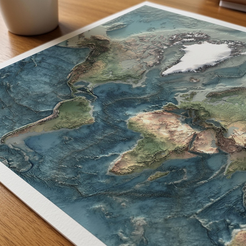 World Map: Natural Topography Wall Art Print with Realistic Relief and Ocean Detail image 2