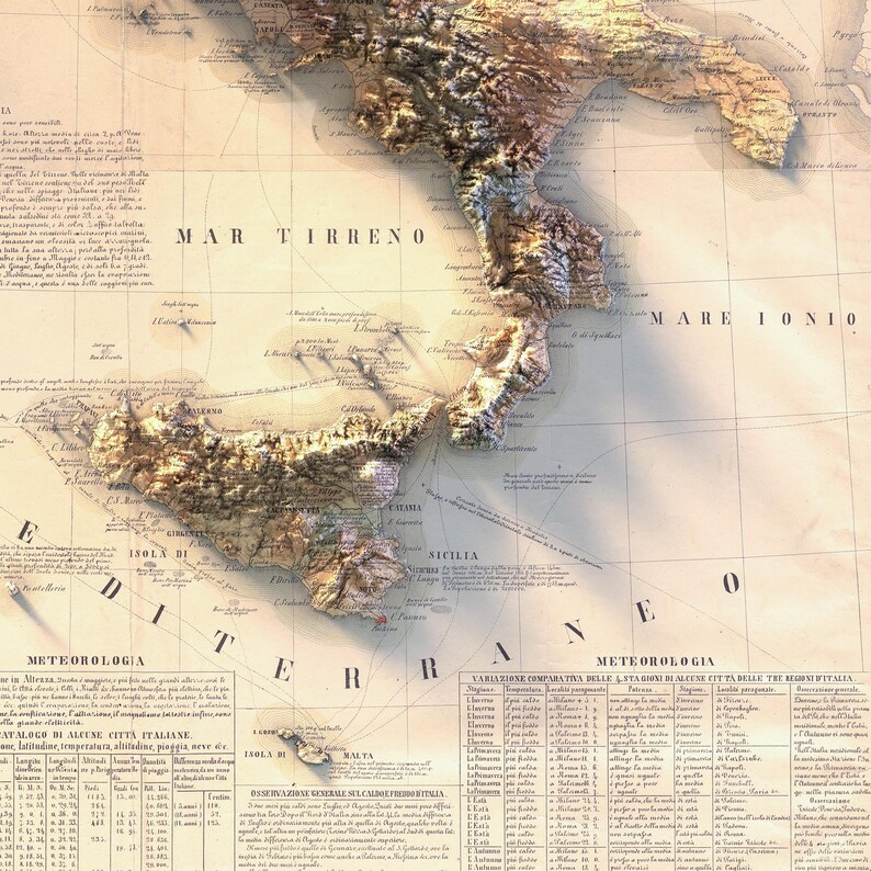 May include: An antique map of Italy with a detailed illustration of the Italian peninsula, including the islands of Sicily and Sardinia. The map is printed in brown and black ink on a cream-colored background. The map includes text in Italian, including the names of cities and regions.
