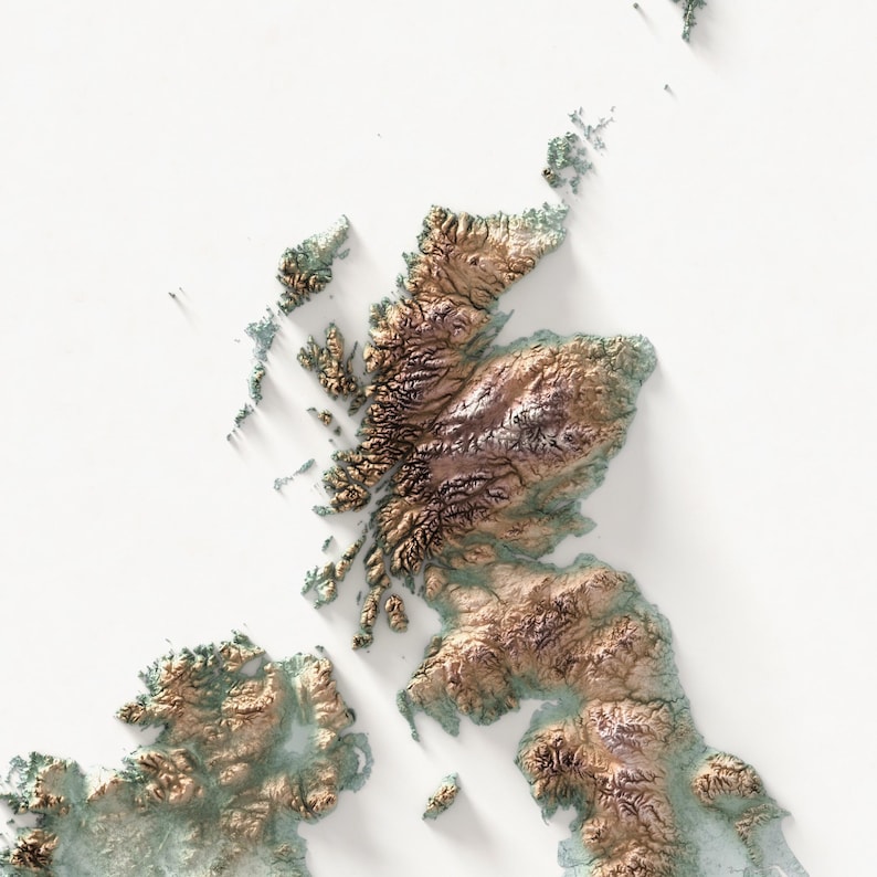 May include: A detailed topographic map of Scotland and surrounding areas, rendered in shades of brown, green, and tan. The map shows the mountainous terrain with shadows, set against a white background. The image is a 3D rendering.