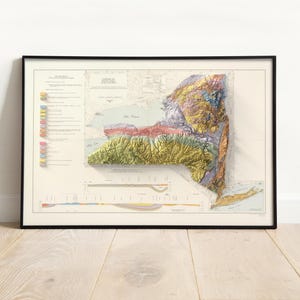 Op de afbeelding: Ingelijste 3D-reli&euml;fkaart van de staat New York, met topografische kenmerken in levendige kleuren. De kaart is ingelijst in een zwart frame en gemonteerd op een witte achtergrond. De kaart bevat gedetailleerde geografische informatie.