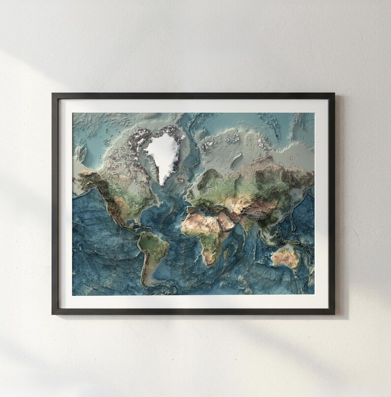 World Map: Natural Topography Wall Art Print with Realistic Relief and Ocean Detail image 5