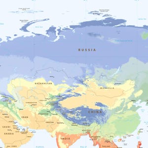 May include: A detailed political map of Central and Northern Asia featuring Russia in blue, China in tan, and India in orange. The map displays national borders, major cities, and bodies of water like the Kara Sea and Laptev Sea with clear text labels.