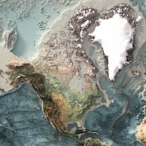 May include: A detailed topographic map of North America, showing the continent's diverse terrain, including mountains, valleys, and coastlines. The map highlights the vast expanse of the Arctic Ocean and the Greenland ice sheet.