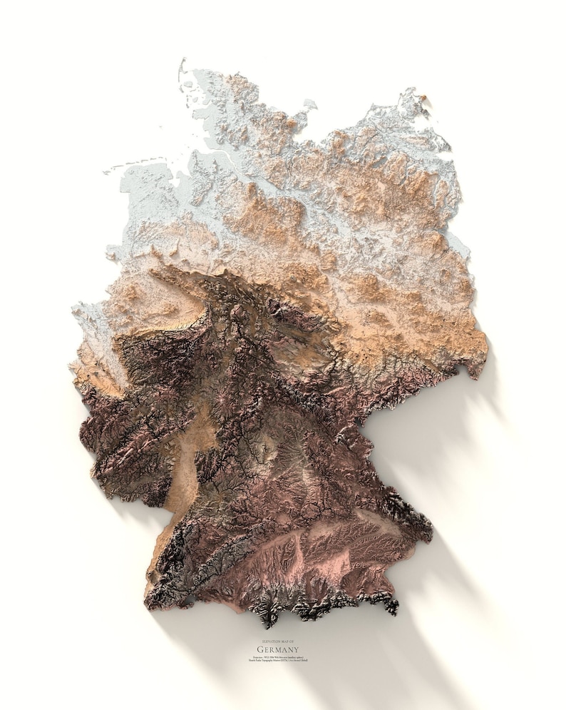 May include: A 3D topographic map of Germany, showing the country's elevation and terrain. The map is rendered in shades of brown, beige, and white, with the highest elevations shown in darker brown.