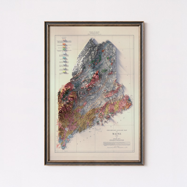 Maine Geological Map: 1922 Vintage Map of Topography, Antique Style Wall Decor image 1